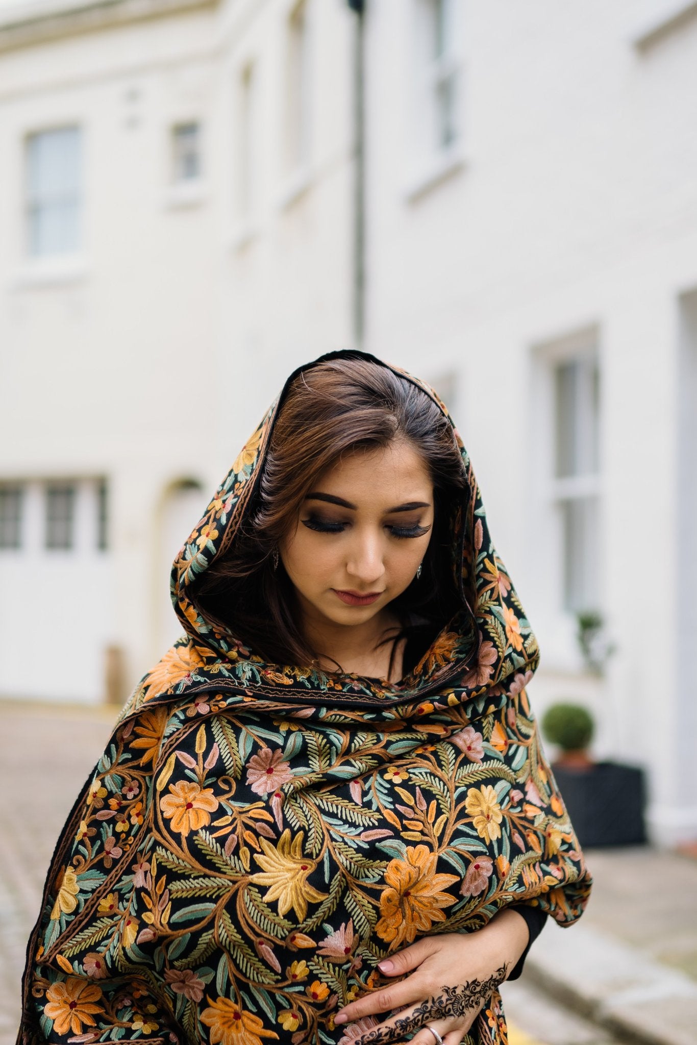 Woman wearing patterned hand embroidered stole