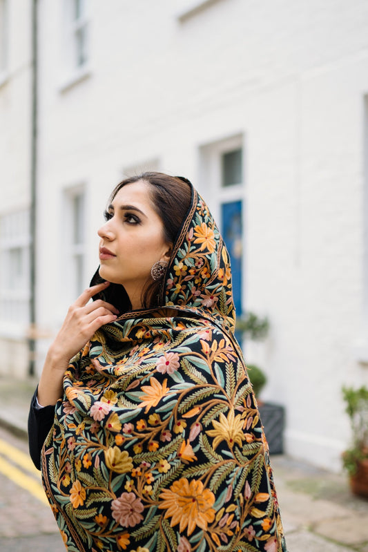 Woman wearing patterned hand embroidered stole