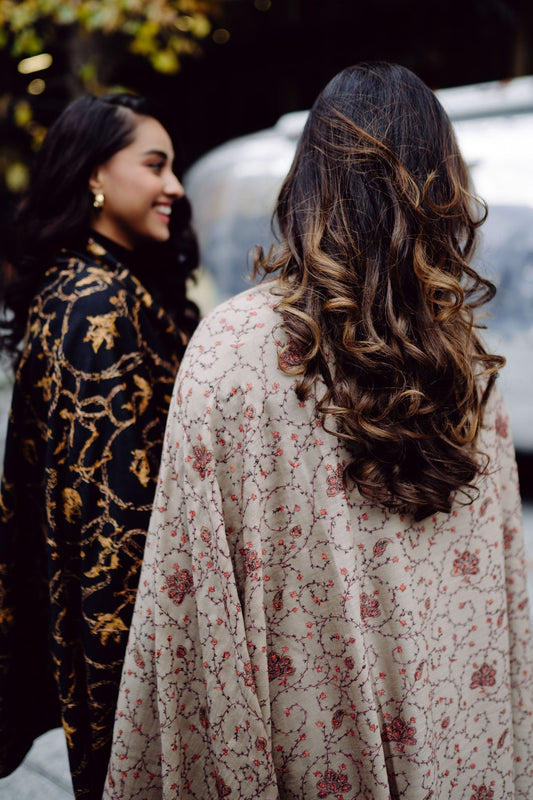 Beige and black hand embroidered wool shawls