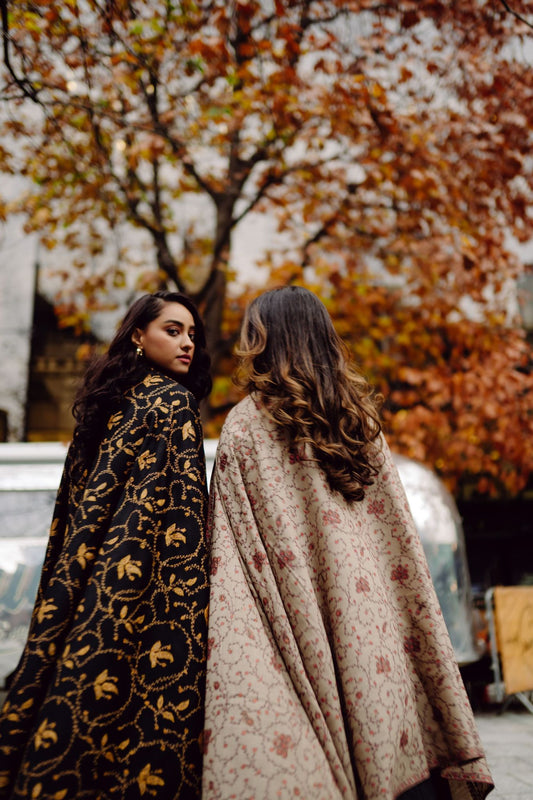 Beige and black hand embroidered wool shawls